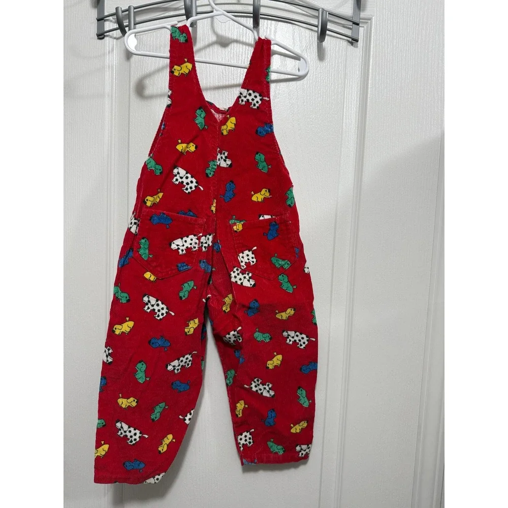 Vintage 90s Carters Red Corduroy Dog Print Overalls Kids 2T Dalmatian Bibs